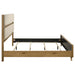 CoasterEveryday Bennett Eastern King Mid-Century Fabric Upholstered Panel Bed in light oak with fabric headboard and wooden frame.