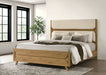 California king fabric upholstered panel bed in light oak finish with mid-century design and clean lines, from CoasterEveryday.