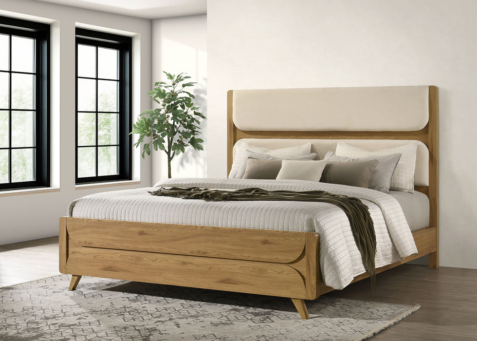 Bennett California King Mid-Century Fabric Upholstered Panel Bed Light Oak