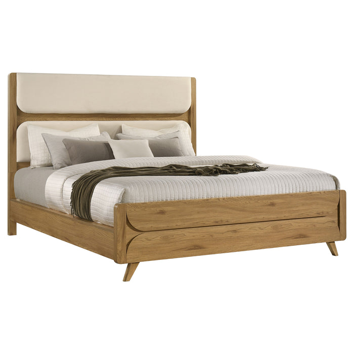 California King fabric upholstered panel bed in light oak finish, mid-century style with clean lines and plush headboard.