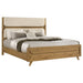 California King fabric upholstered panel bed in light oak finish, mid-century style with clean lines and plush headboard.