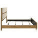 California king fabric upholstered panel bed in light oak finish, mid-century style with clean lines and cushioned headboard.