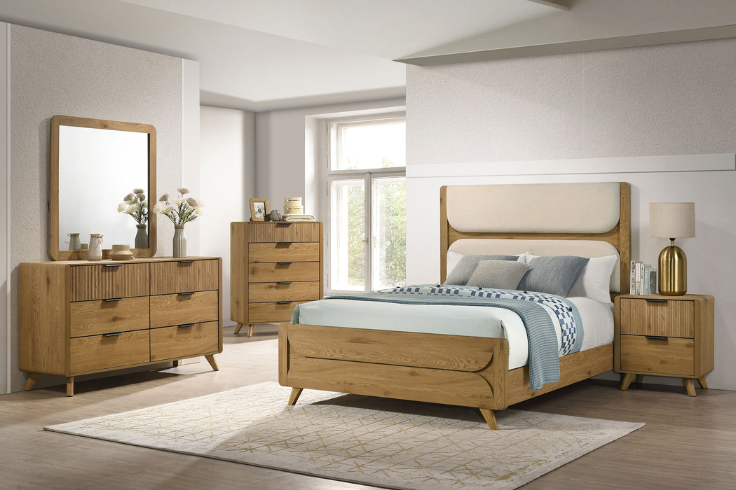 Bennett California King Mid-Century Fabric Upholstered Panel Bed Light Oak