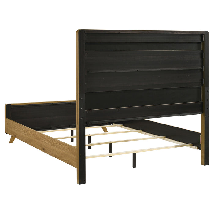 CoasterEveryday Bennett Queen upholstered 4-piece mid-century bedroom set in light oak, featuring a bed frame, nightstands, and dresser