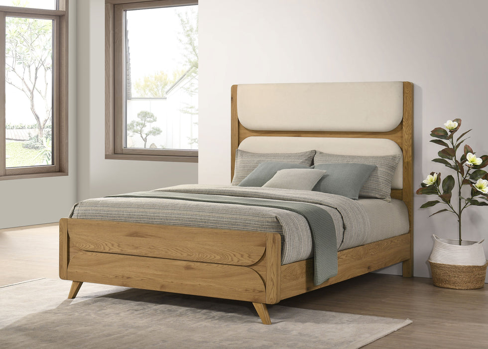 Bennett Queen Mid-Century Fabric Upholstered Panel Bed Light Oak
