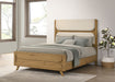 CoasterEveryday Bennett Queen Mid-Century Fabric Upholstered Panel Bed in light oak with upholstered headboard and wooden frame.
