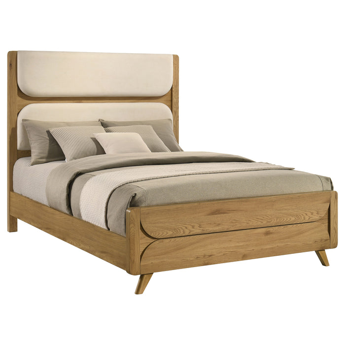Light oak Bennett Queen Mid-Century fabric upholstered panel bed by CoasterEveryday, showcasing a stylish fabric headboard and wooden frame.
