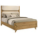 Light oak Bennett Queen Mid-Century fabric upholstered panel bed by CoasterEveryday, showcasing a stylish fabric headboard and wooden frame.