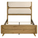 Bennett Queen Mid-Century Fabric Upholstered Panel Bed in light oak with a fabric headboard and modern wooden frame.