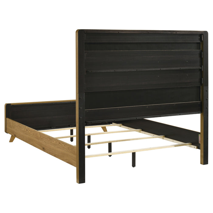 Mid-century fabric upholstered Bennett Queen panel bed in light oak with clean lines and a modern design.
