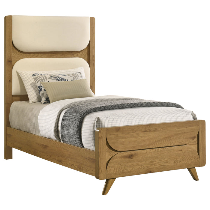 CoasterEveryday Bennett Twin Mid-Century Panel Bed in Light Oak with Cream Fabric Upholstery