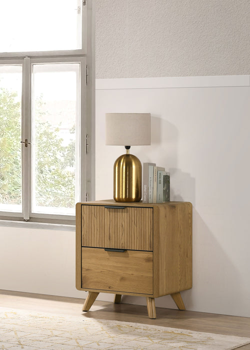 Light oak Bennett Mid-Century 2-drawer rubberwood nightstand by CoasterEveryday, showcasing clean lines and modern furniture design.