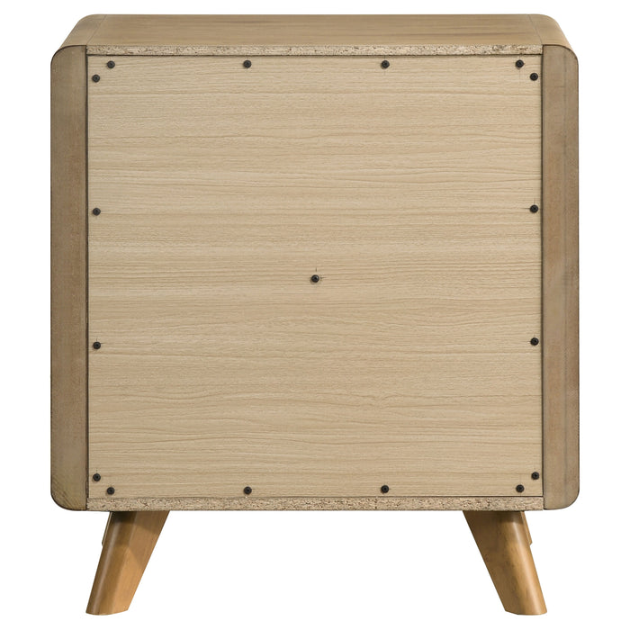Mid-century CoasterEveryday Bennett rubberwood nightstand with two drawers in light oak finish, showcasing sleek design and wood grain texture.