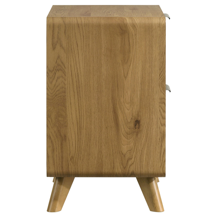 CoasterEveryday Bennett Mid-Century Rubberwood Nightstand with two drawers in light oak finish, modern furniture for bedroom storage