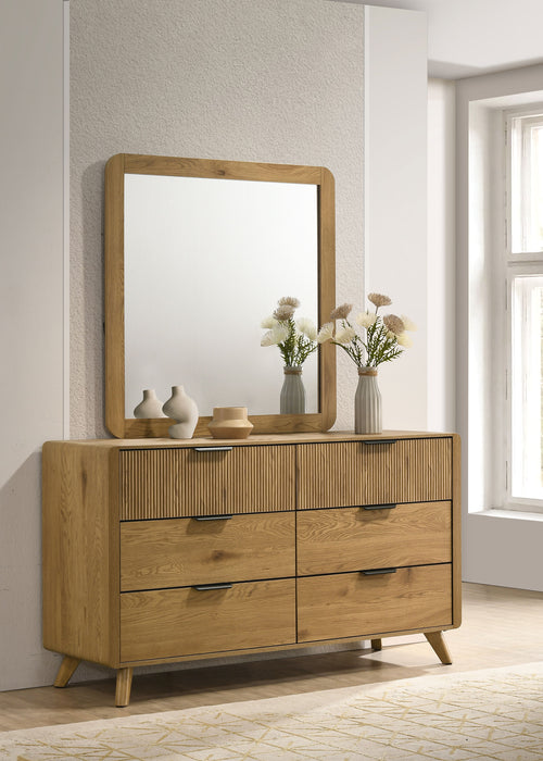 Light oak Bennett mid-century 2-piece dresser with six drawers and matching mirror, modern furniture by CoasterEveryday.