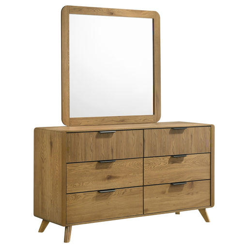 Light oak Bennett mid-century 2-piece dresser with six drawers and matching mirror, modern furniture by CoasterEveryday.