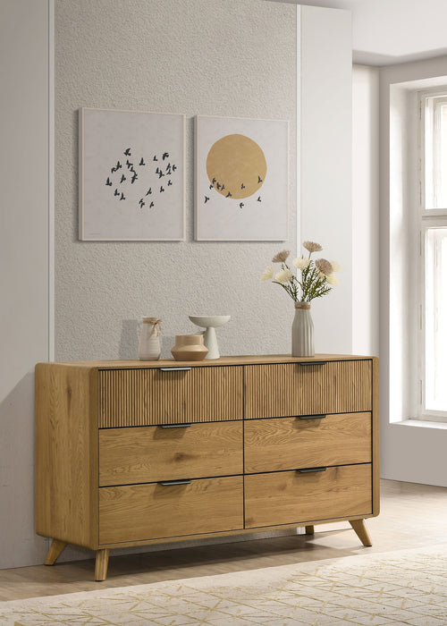Light oak Bennett Mid-Century 6-drawer rubberwood dresser by CoasterEveryday, featuring sleek modern design and sturdy construction.
