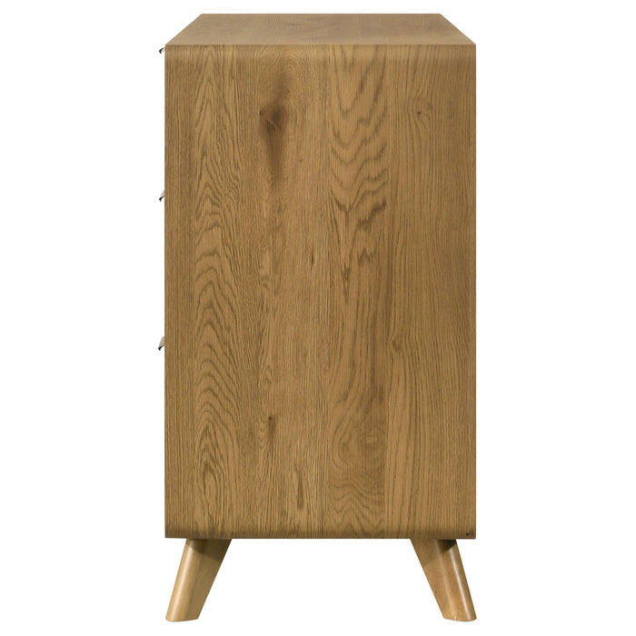 Light oak Bennett Mid-Century 6-drawer rubberwood dresser by CoasterEveryday, showcasing sleek modern furniture design.