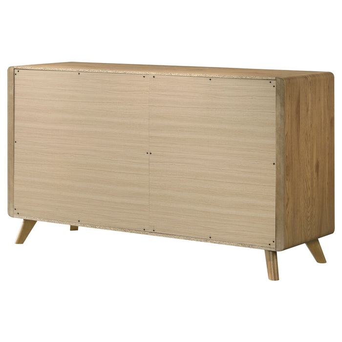 Light oak Bennett mid-century 6-drawer rubberwood dresser by CoasterEveryday, showcasing sleek modern furniture design.