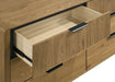 CoasterEveryday Bennett Mid-Century rubberwood dresser with six drawers in light oak finish, showcasing sleek modern furniture design.