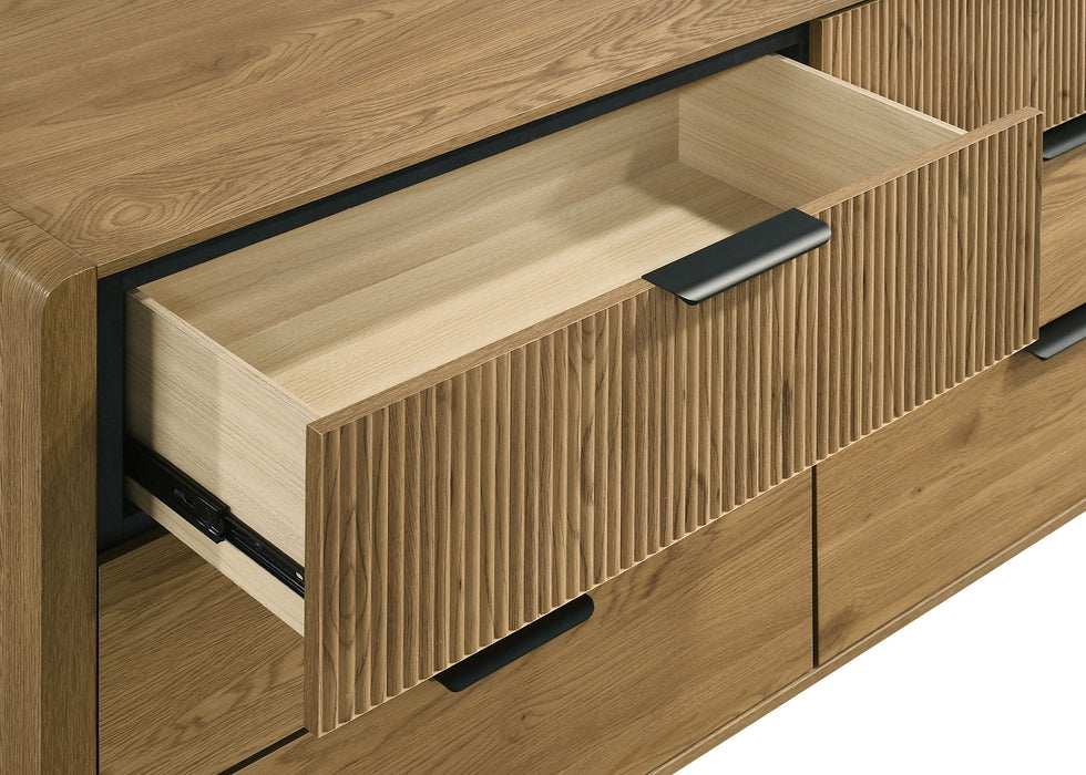 CoasterEveryday Bennett Mid-Century rubberwood dresser with six drawers in light oak finish, showcasing sleek modern furniture design.