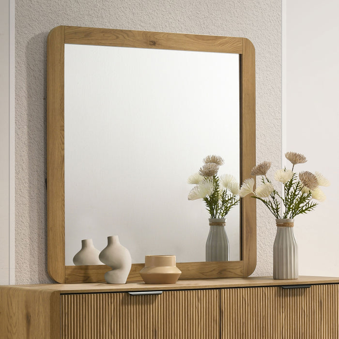 Bennett Mid-Century Square Dresser Mirror with Open-Corner Light Oak Frame