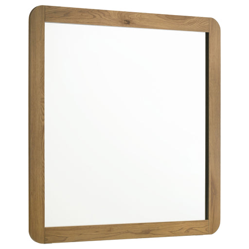 Mid-century square dresser mirror with open-corner light oak frame, designed by CoasterEveryday for a stylish furniture look.