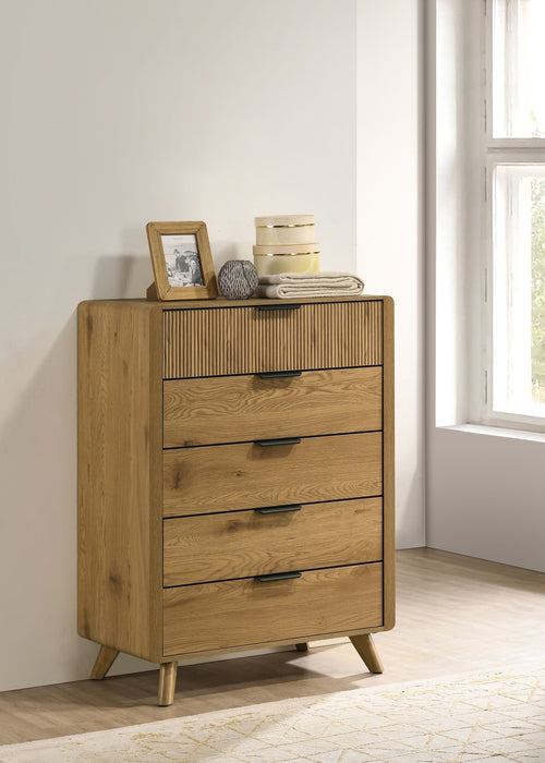 Bennett Mid-Century 5-Drawer Rubberwood Chest Light Oak