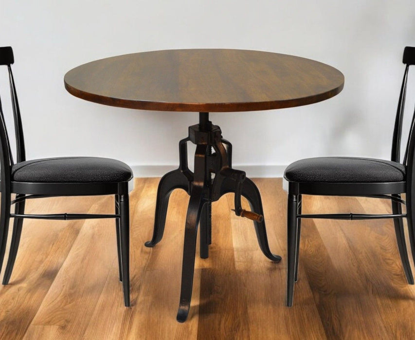 Adjustable Height And Solid Wood And Iron Pedestal Base Round Top Dining Table - Chestnut