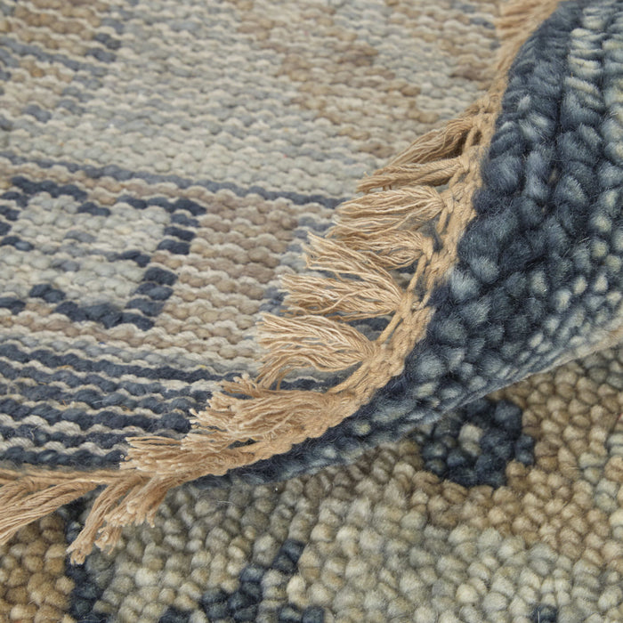 10' X 14' Geometric Hand Knotted Area Rug With Fringe - Blue And Ivory
