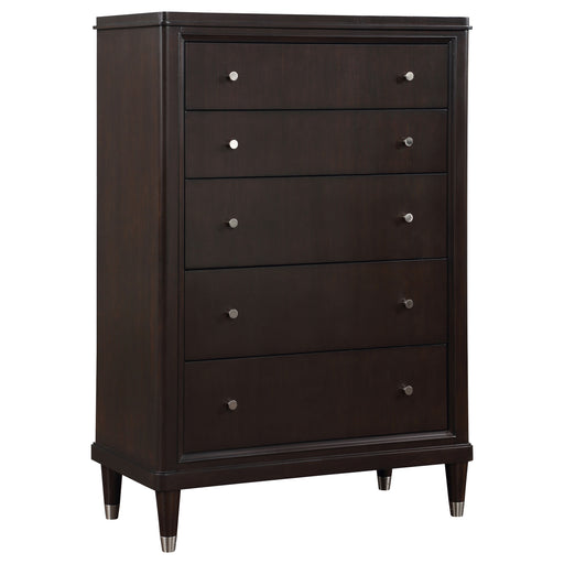 Brown Emberlyn 5-drawer bedroom chest by CoasterEveryday showing sleek wooden furniture with five spacious drawers.