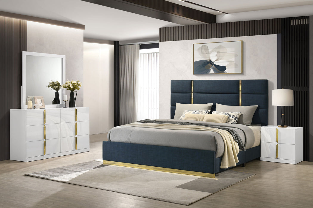 Ines 4-piece Eastern King bedroom set by CoasterEveryday featuring navy and white high-gloss furniture with a modern design.