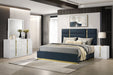 Ines 4-piece Eastern King bedroom set by CoasterEveryday featuring navy and white high-gloss furniture with a modern design.