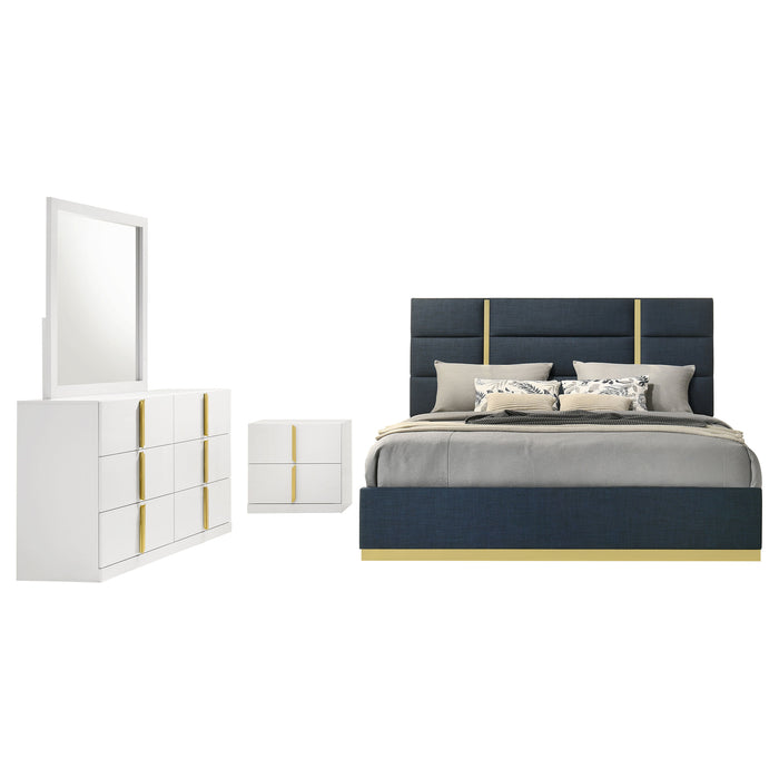 CoasterEveryday Ines 4-piece Eastern King bedroom set with navy and white high gloss furniture, includes bed, nightstands, and dresser.