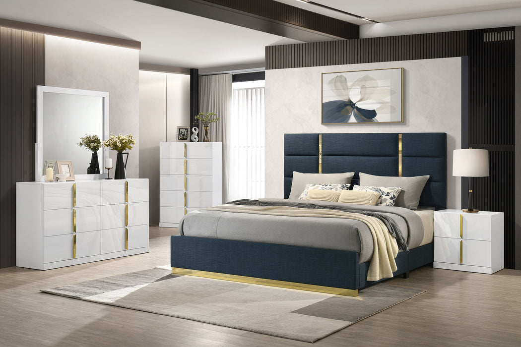 Ines 5-piece Eastern King bedroom set by CoasterEveryday featuring navy and white high gloss furniture with a modern design.