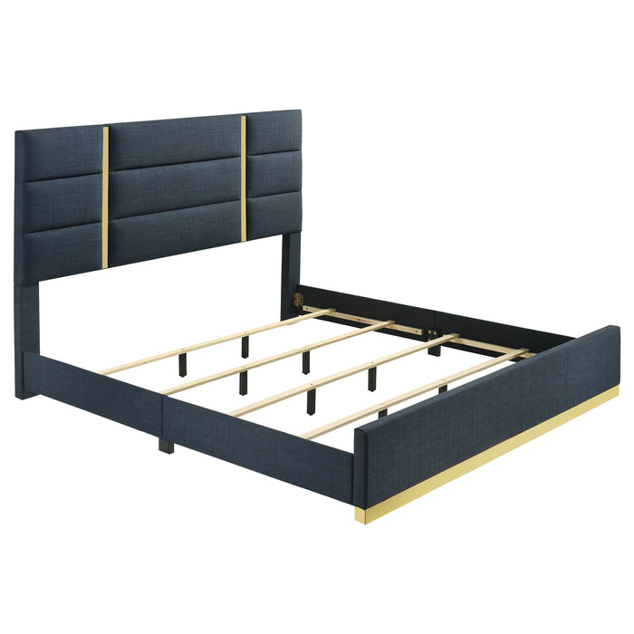 Ines 5-piece Eastern King bedroom set by CoasterEveryday featuring navy and white high gloss furniture with bed, nightstands, and dresser