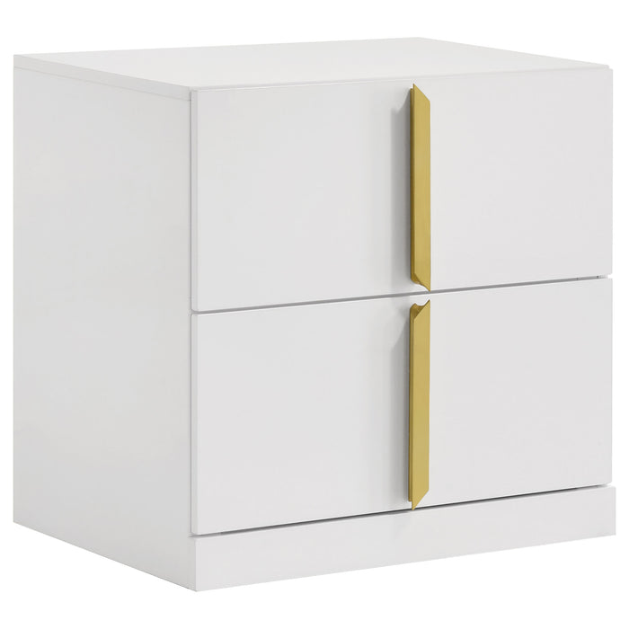CoasterEveryday Ines 5-piece Eastern King bedroom set with navy and white high gloss finish, includes bed frame, nightstands, and dresser.