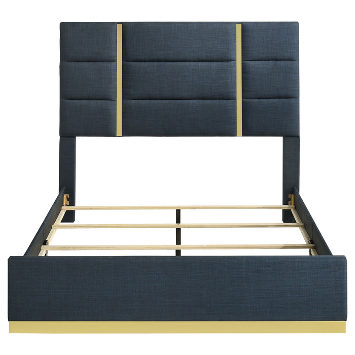 Navy fabric upholstered queen panel bed with clean lines and a modern design, featuring a tall headboard and sturdy frame.