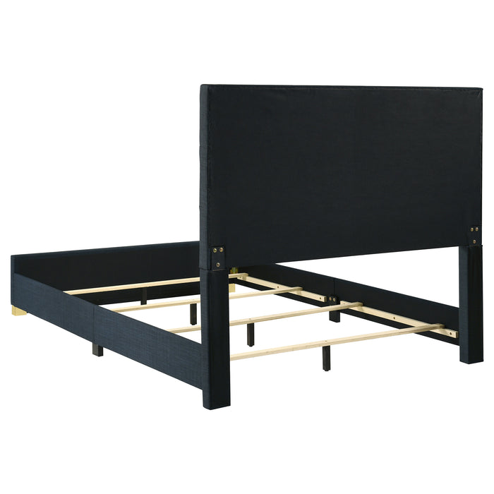 Navy fabric upholstered Queen panel bed with clean lines and button-tufted headboard, modern bedroom furniture by CoasterEveryday