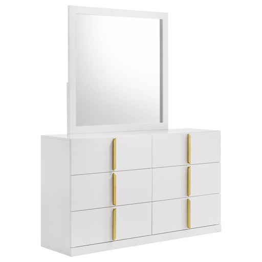 Ines white high gloss 6-drawer bedroom dresser with integrated mirror and sleek modern design, made by CoasterEveryday.