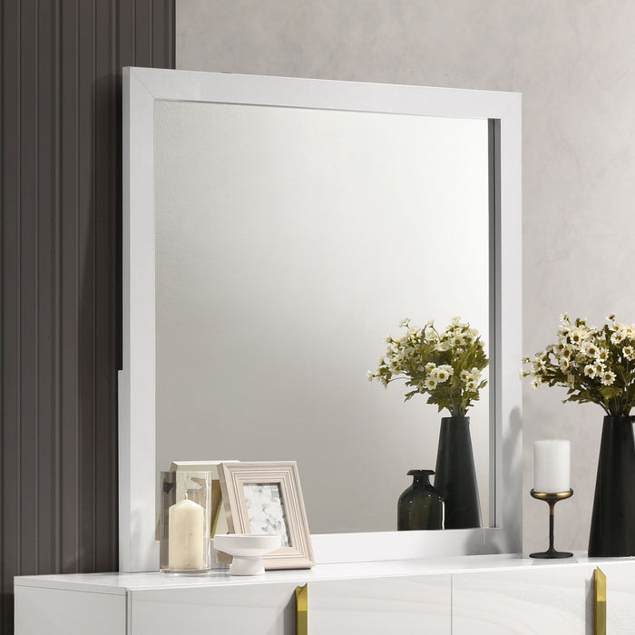 White high gloss Ines dresser mirror from CoasterEveryday, showcasing a sleek, modern furniture piece with a reflective surface.