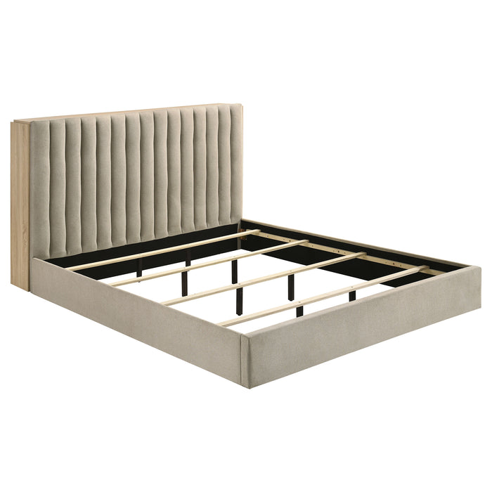 Light tan and light oak upholstered Arielle Eastern King bookcase bed from CoasterEveryday with built-in storage and elegant design.