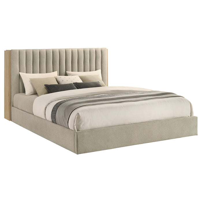 A light tan and light oak upholstered Eastern King bookcase bed from CoasterEveryday featuring a stylish, modern furniture design.