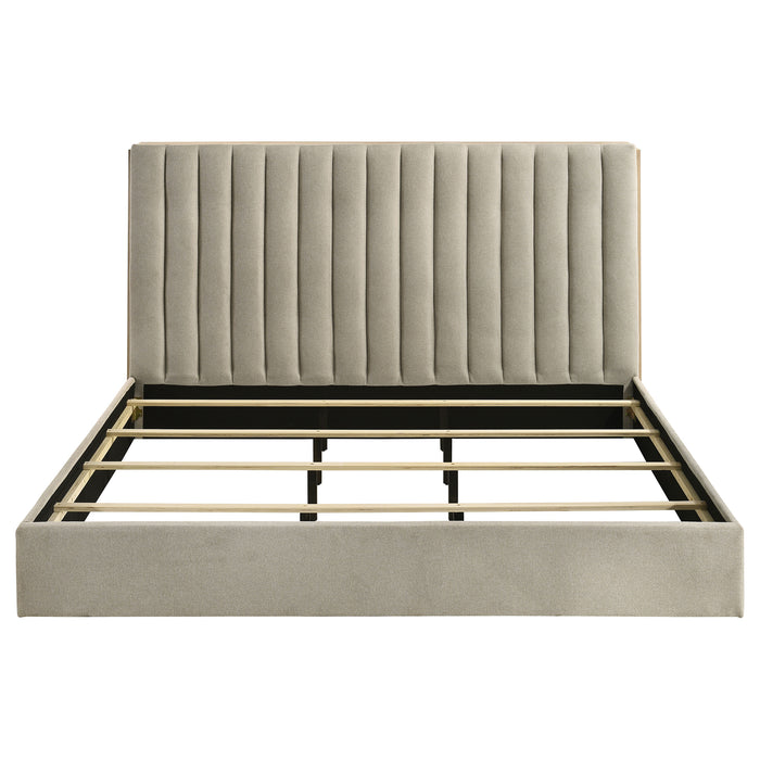Arielle Eastern King Upholstered Bookcase Bed Light Tan and Light Oak