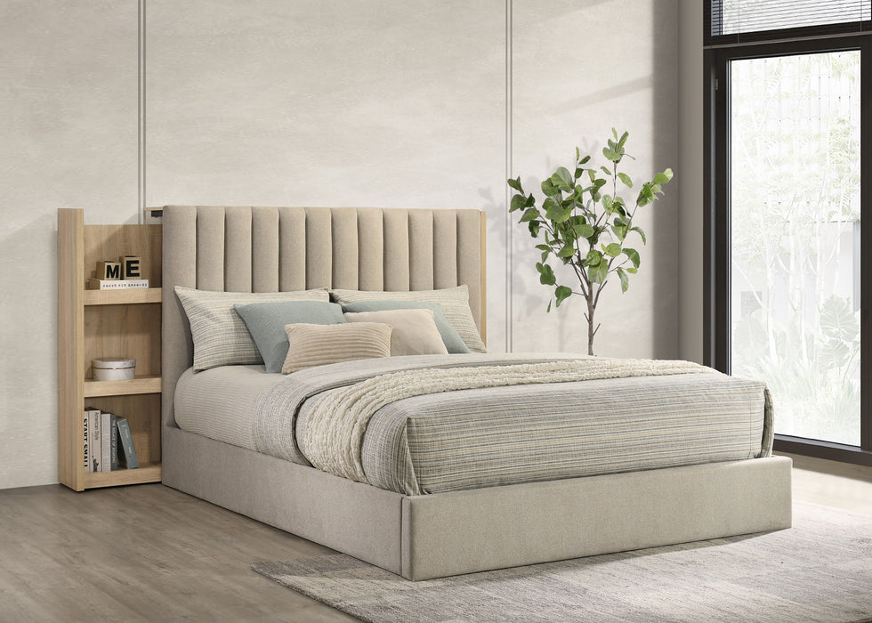 Arielle Queen Upholstered Bookcase Bed Light Tan and Light Oak