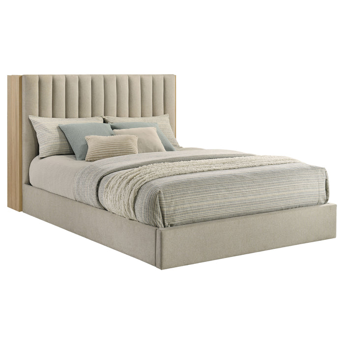 Arielle Queen Upholstered Bookcase Bed Light Tan and Light Oak
