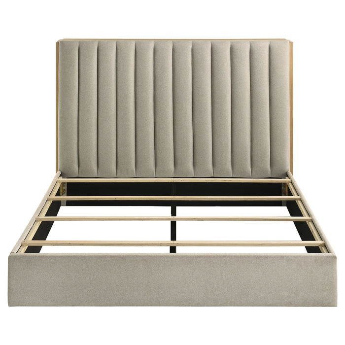 Arielle Queen Upholstered Bookcase Bed Light Tan and Light Oak