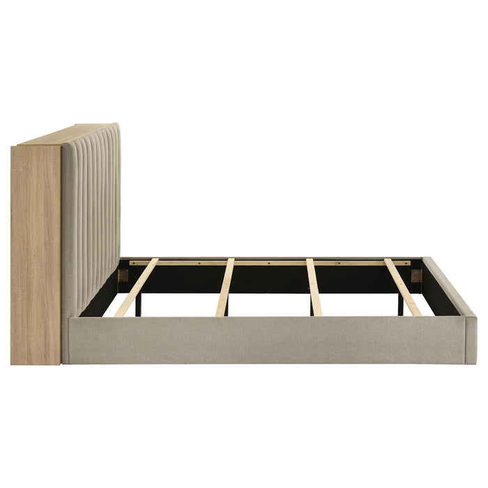 Arielle Queen Upholstered Bookcase Bed Light Tan and Light Oak