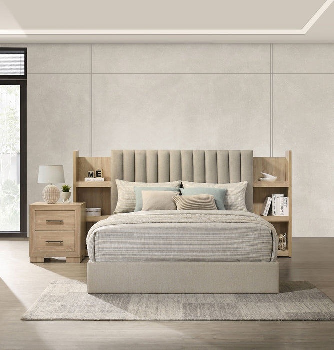 Arielle Queen Upholstered Bookcase Bed Light Tan and Light Oak