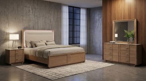 Leanne 4-piece Eastern King bedroom set by CoasterEveryday with light oak finish, includes bed frame, dresser, and nightstands.